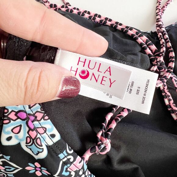 [Hula Honey] Black Gypsy Deco Lace Geometric Print One Piece Swimsuit Sz Small S - Picture 10 of 11